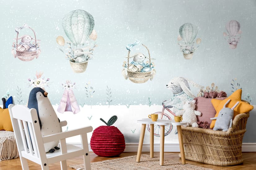 Cartoon-Winterlandschaft und Eichhörnchen mit Heißluftballons Fototapete