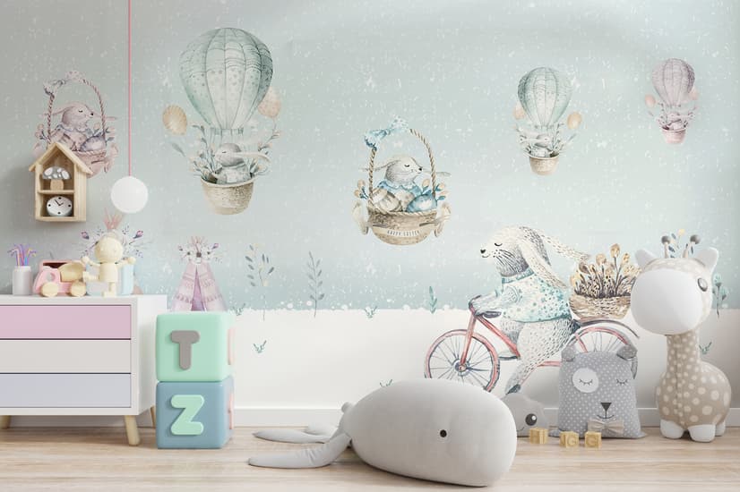Cartoon-Winterlandschaft und Eichhörnchen mit Heißluftballons Fototapete