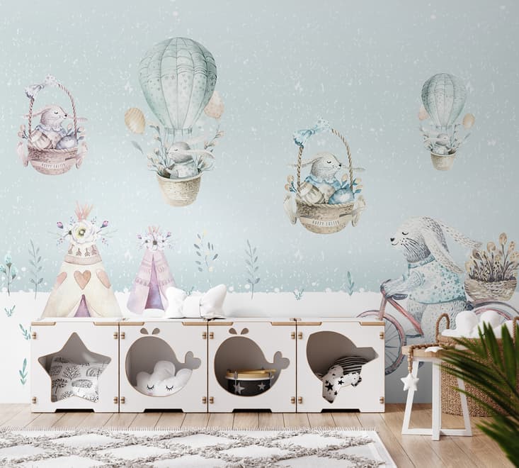 Cartoon-Winterlandschaft und Eichhörnchen mit Heißluftballons Fototapete