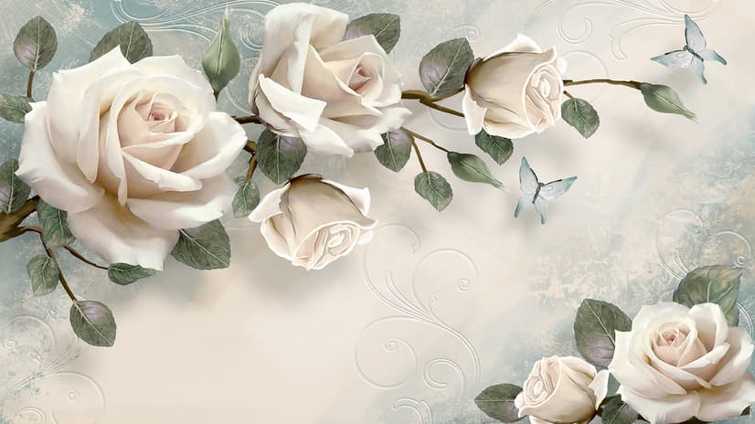 Beautiful White Roses and Butterflies Wallpaper Mural