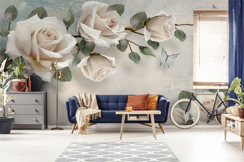 Beautiful White Roses and Butterflies Wallpaper Mural