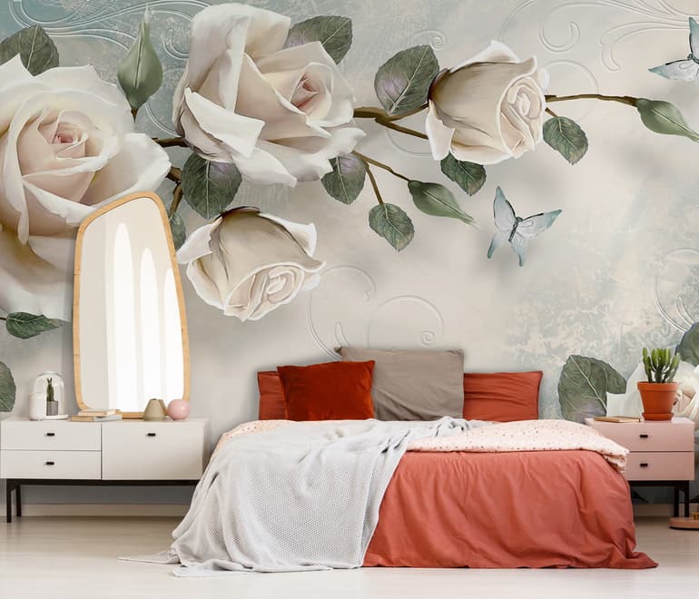 Beautiful White Roses and Butterflies Wallpaper Mural