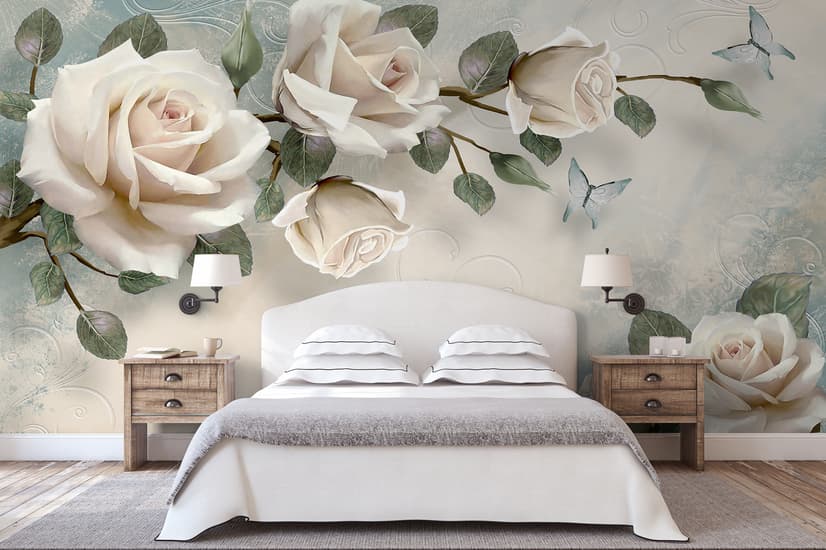 Schöne weiße Rosen und Schmetterlinge Fototapete