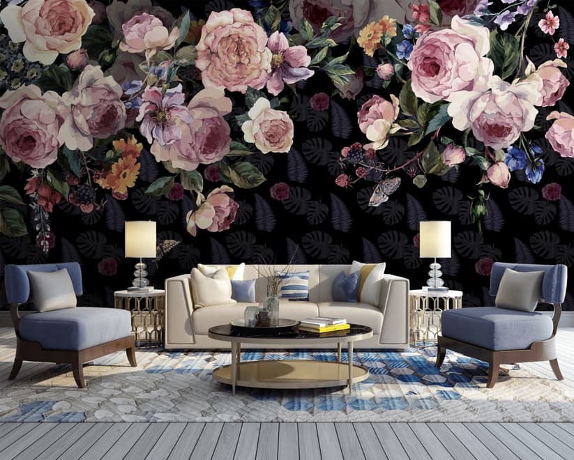 Vintage Dark Pink Flowers Wallpaper Mural