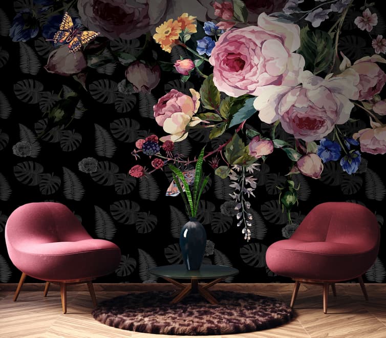 Dark Pink Flowers and Yellow Butterfly Wallpaper Mural