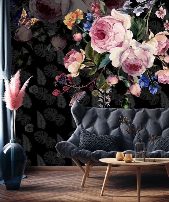 Dark Pink Flowers and Yellow Butterfly Wallpaper Mural