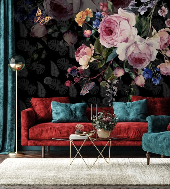 Dark Pink Flowers and Yellow Butterfly Wallpaper Mural