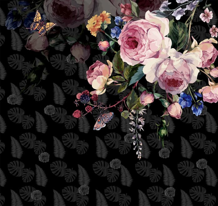 Dark Pink Flowers and Yellow Butterfly Wallpaper Mural
