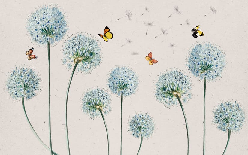Blue Dandelion and Yellow Butterflies Wallpaper Mural