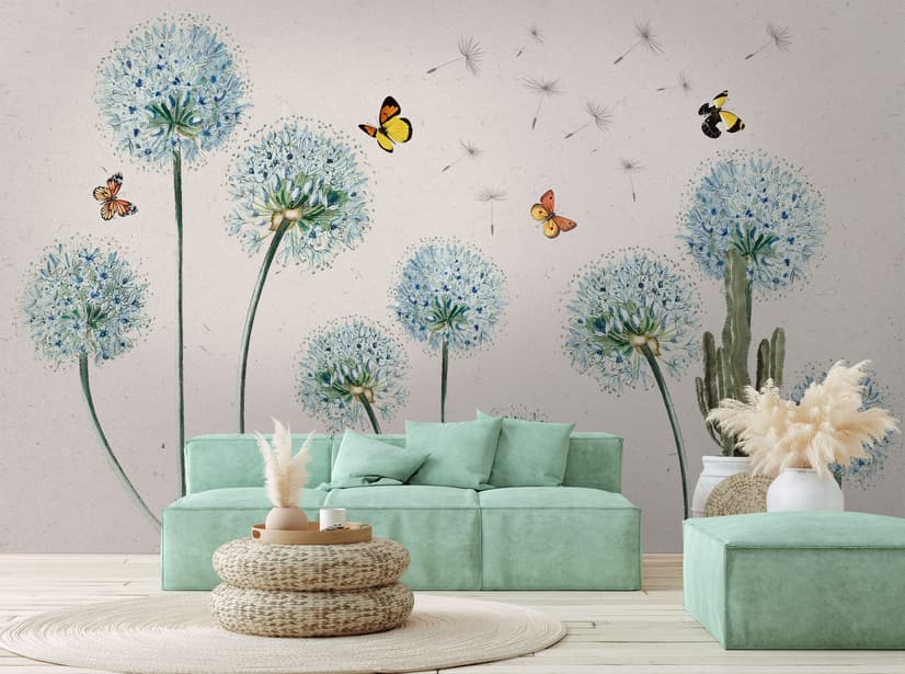 Blue Dandelion and Yellow Butterflies Wallpaper Mural