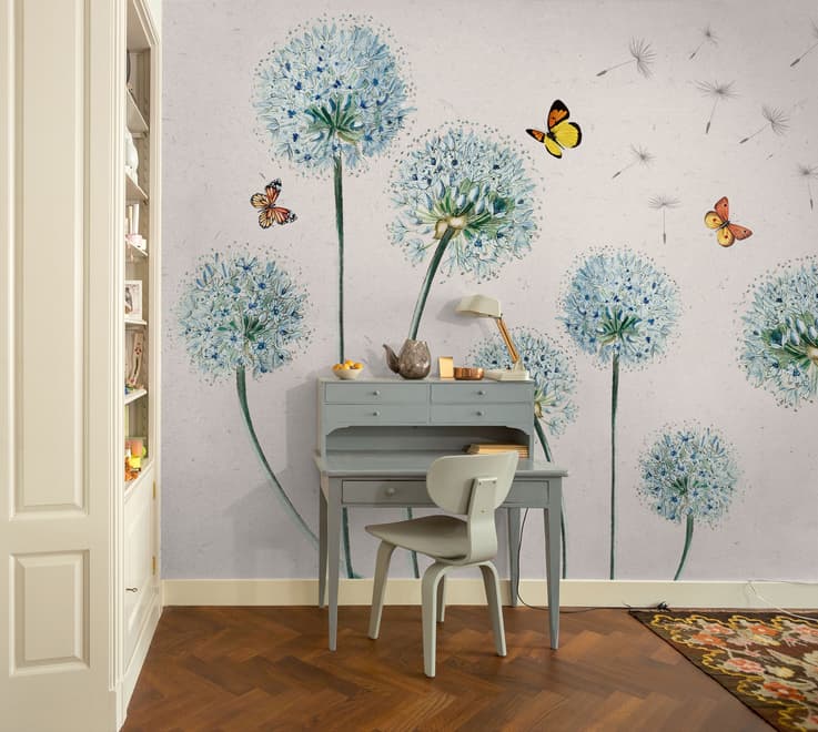 Blue Dandelion and Yellow Butterflies Wallpaper Mural