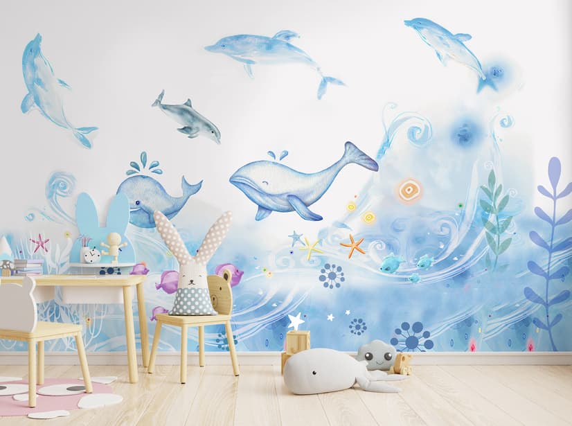 Cartoon Undersea and Whales Wallpaper Mural