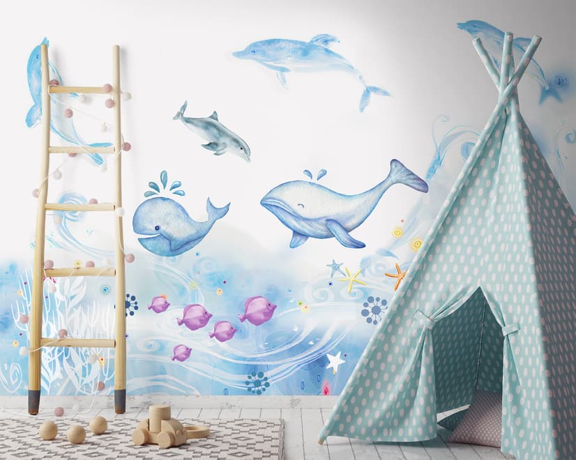 Cartoon Undersea and Whales Wallpaper Mural