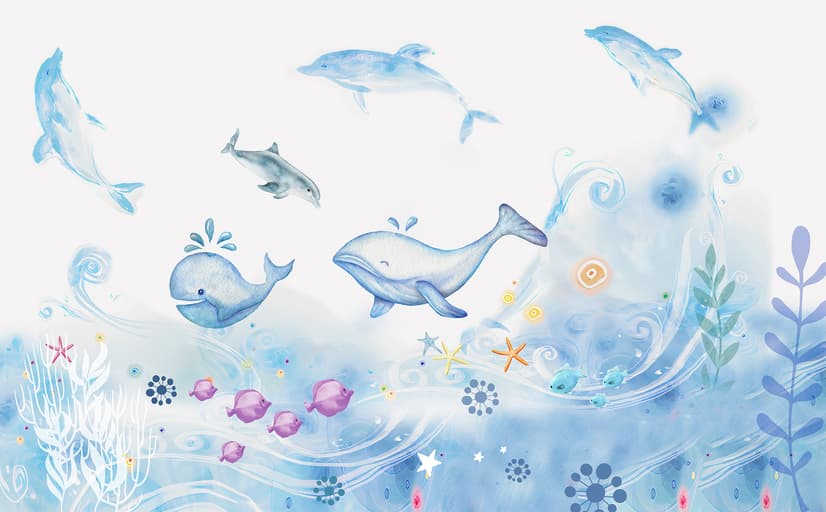 Cartoon Undersea and Whales Wallpaper Mural