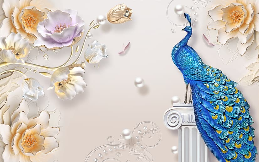 3D Embossed Look Tulip Floral with Peacock Wallpaper Mural
