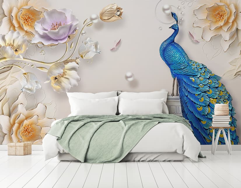 3D Embossed Look Tulip Floral with Peacock Wallpaper Mural