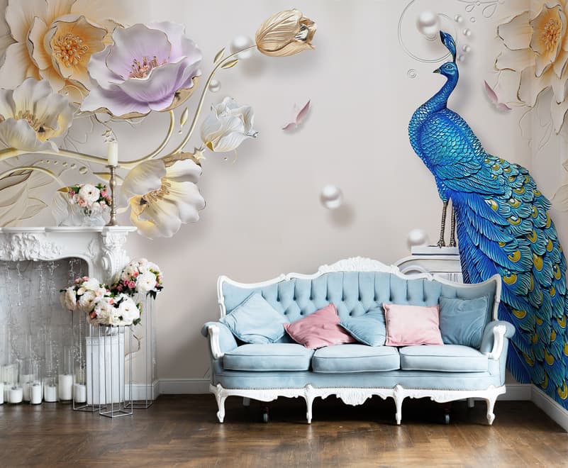 3D Embossed Look Tulip Floral with Peacock Wallpaper Mural