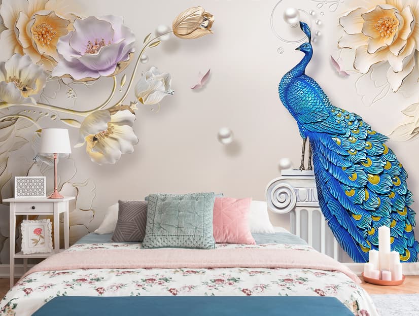 3D Embossed Look Tulip Floral with Peacock Wallpaper Mural