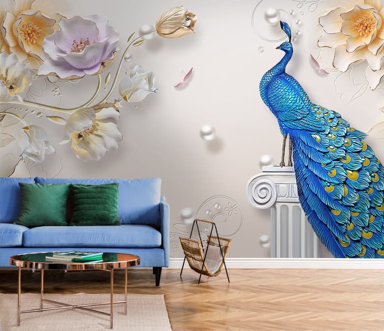3D Embossed Look Tulip Floral with Peacock Wallpaper Mural