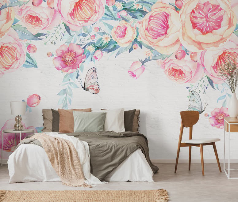Vintage Aquarell Rosa Blumen Fototapete