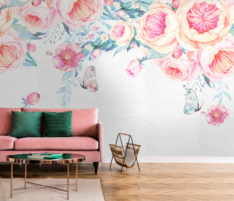 Vintage Aquarell Rosa Blumen Fototapete