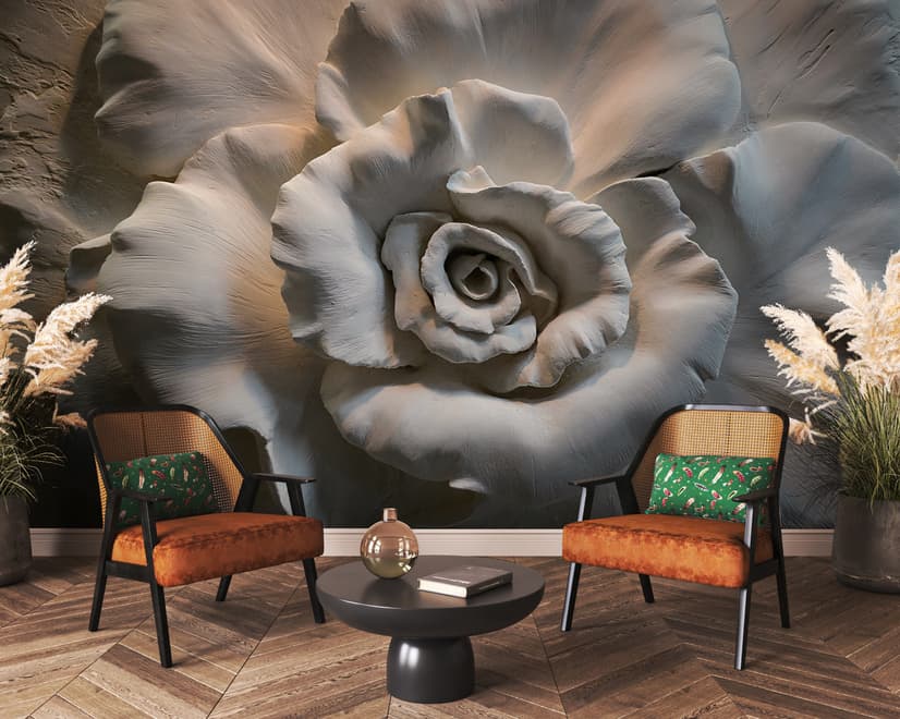 3D Embossed Look Cement Roses Wallpaper Mural