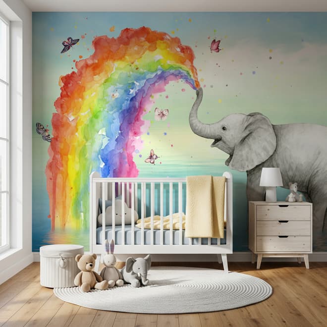 Kinder Fototapete Elefant mit Aquarell-Regenbogen