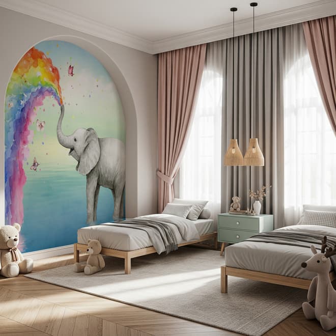 Kinder Fototapete Elefant mit Aquarell-Regenbogen