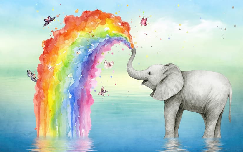 Kinder Fototapete Elefant mit Aquarell-Regenbogen