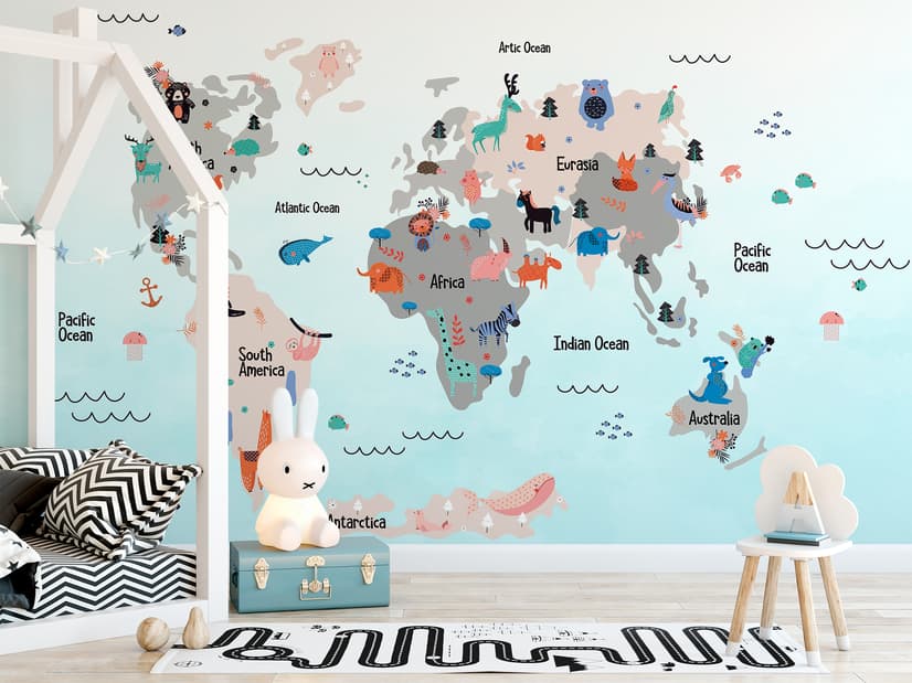 Kids World Map with Cute Animals Wallpaper Mural