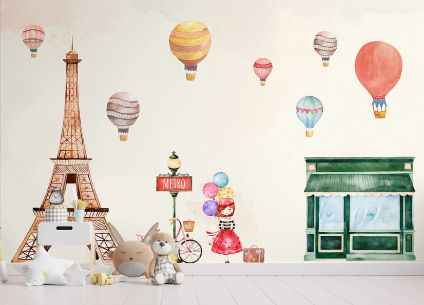 Eiffel Tower and Little Hot Air Balloon Wallpaper Mural