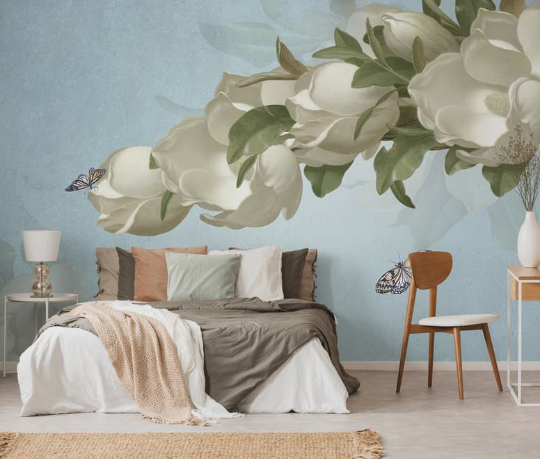 Gardenia Floral and Butterfly Wallpaper Mural