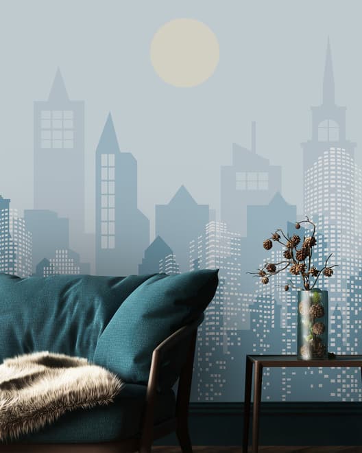 Papier peint panoramique paysage urbain monochrome bleu et soleil doux