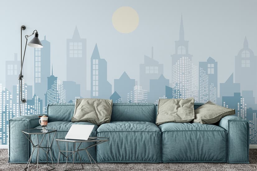 Blue Monochrome Cityscape and Soft Sun Wallpaper Mural