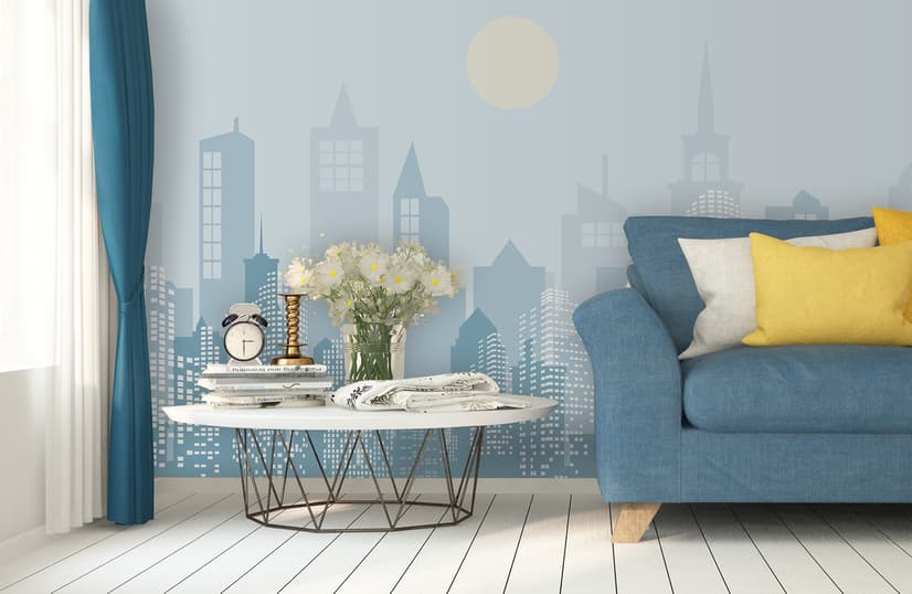 Blue Monochrome Cityscape and Soft Sun Wallpaper Mural