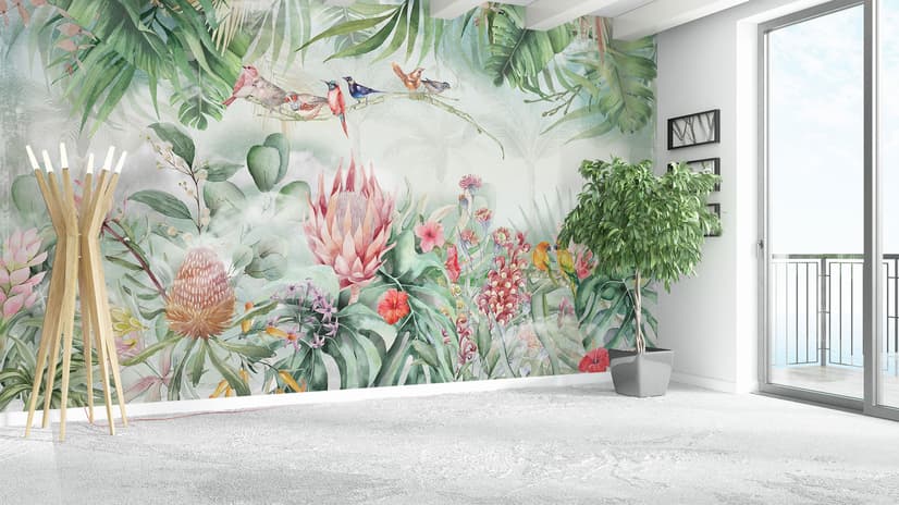 Colorful Tropical Exotic Cactus Floral with Little Birds Wallpaper Mural