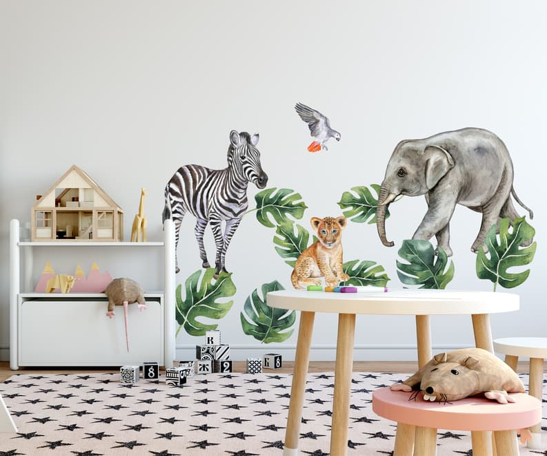 Kids Tropical Safari Animals Set Wall Decal Sticker