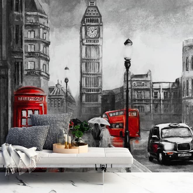 Papier peint paysage urbain monochrome au fusain et bus rouge