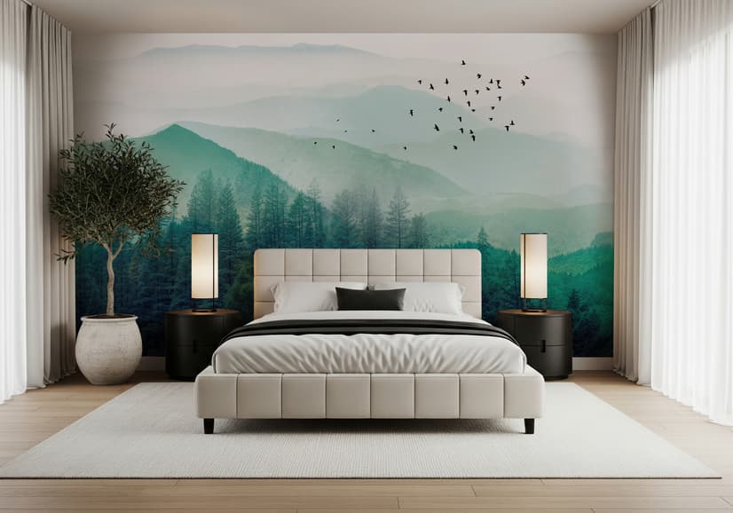 Papier peint forêt verte brumeuse avec oiseaux