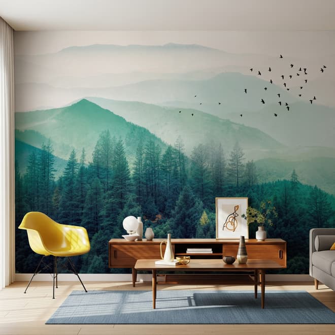 Papier peint forêt verte brumeuse avec oiseaux