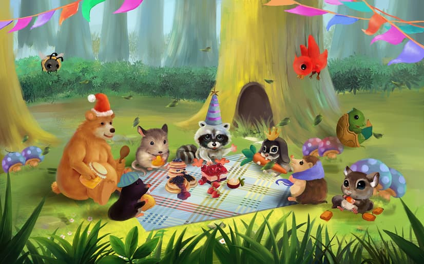 Papier peint panoramique animaux de dessin animé dans les bois