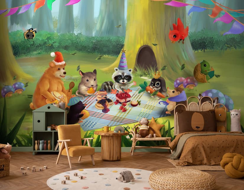 Papier peint panoramique animaux de dessin animé dans les bois