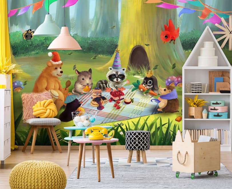 Papier peint panoramique animaux de dessin animé dans les bois
