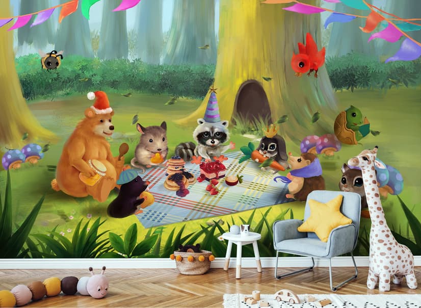 Papier peint panoramique animaux de dessin animé dans les bois