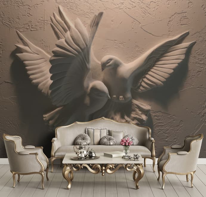 3D Embossed Look Cement Pigeons Wallpaper Mural