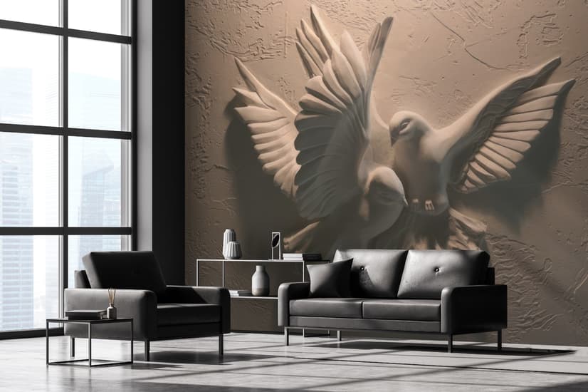 3D Embossed Look Cement Pigeons Wallpaper Mural