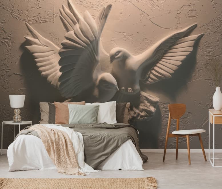 3D Embossed Look Cement Pigeons Wallpaper Mural
