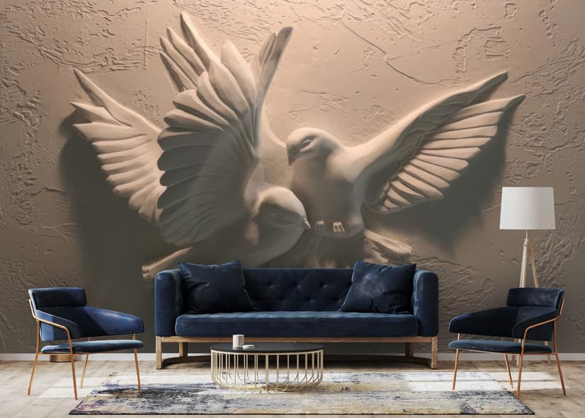 3D Embossed Look Cement Pigeons Wallpaper Mural