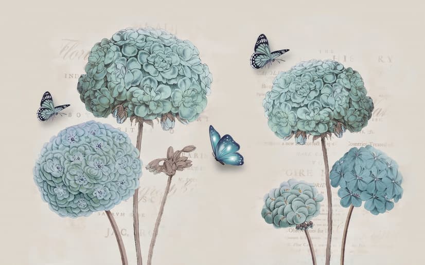 Light Blue Hydrangea Flowers and Butterflies Wallpaper Mural
