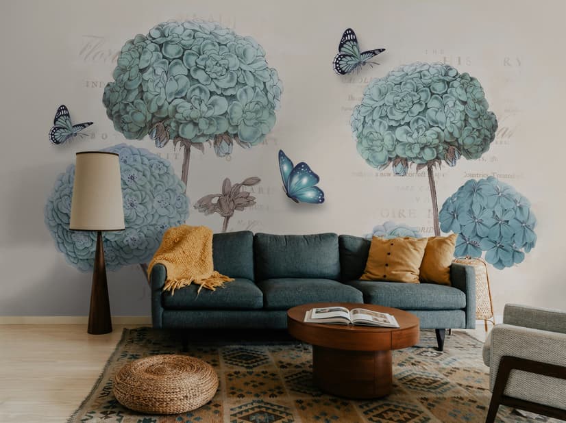 Light Blue Hydrangea Flowers and Butterflies Wallpaper Mural